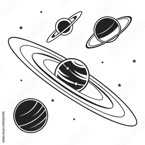 A drawing of planets and a ringed planet in space