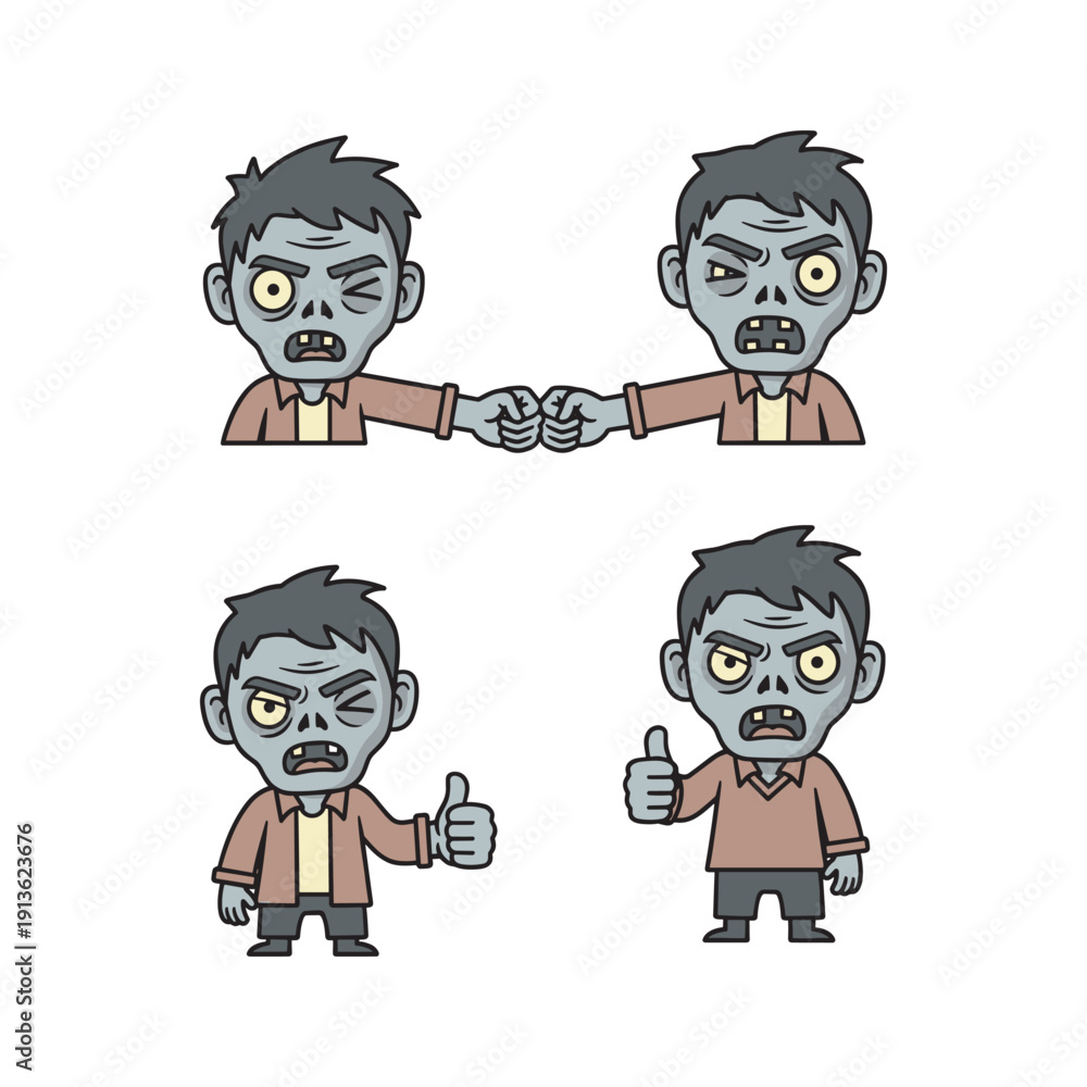Fototapeta premium Cartoon zombie characters showing approval and teamwork in various poses with copy space