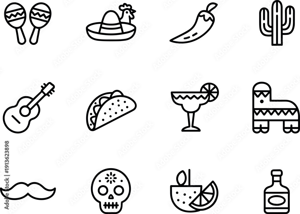 Fototapeta premium Mexican culture fiesta symbols icon set guitar maracas cactus