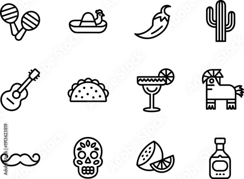 Mexican fiesta food drinks culture icon set vibrant symbols