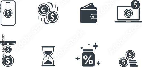 Diverse financial icons illustrating mobile payments, currency conversion, saving money, and investment management