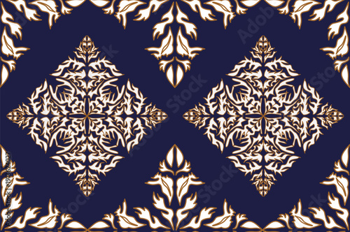 Seamless luxury damask pattern in royal blue and gold with ornate baroque floral motifs. Elegant vintage ornamental background featuring symmetrical decorative elements and intricate leaf design. Clas