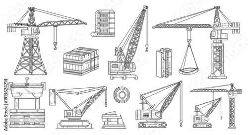 Collection of construction crane illustrations in black and white sketch style.