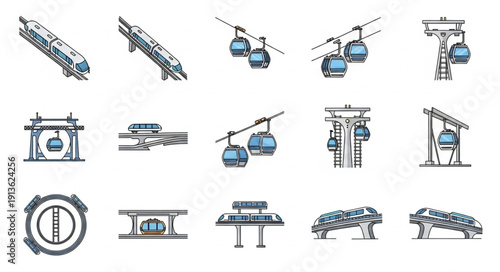 Collection of cable car icons and illustrations.