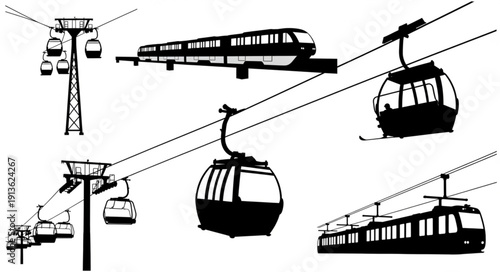 Collection of cable cars and monorail trains in silhouette.
