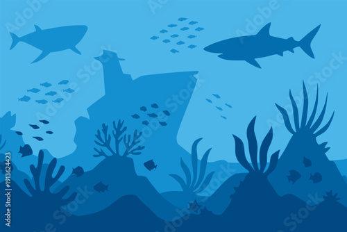 marine life underwater shipwreck with fish and coral reef view scenery panoramic background flat color vector illustration template design