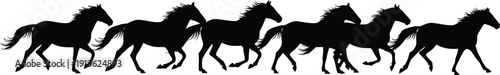 A powerful, dynamic silhouette of a horse in full gallop, mane and tail flowing back to convey speed and freedom. The entire horse should be a solid black shape against a stark white background. Focus