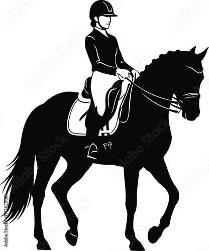 A combined silhouette of a horse and a rider in a harmonious equestrian pose, such as dressage or a relaxed trot. The human figure should be seamlessly integrated into the horse's silhouette to form a