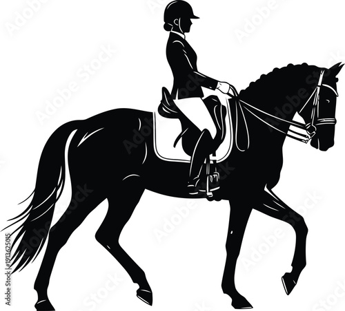 A combined silhouette of a horse and a rider in a harmonious equestrian pose, such as dressage or a relaxed trot. The human figure should be seamlessly integrated into the horse's silhouette to form a