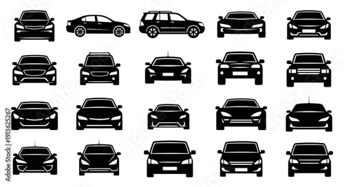 Collection of diverse car silhouettes in various views.