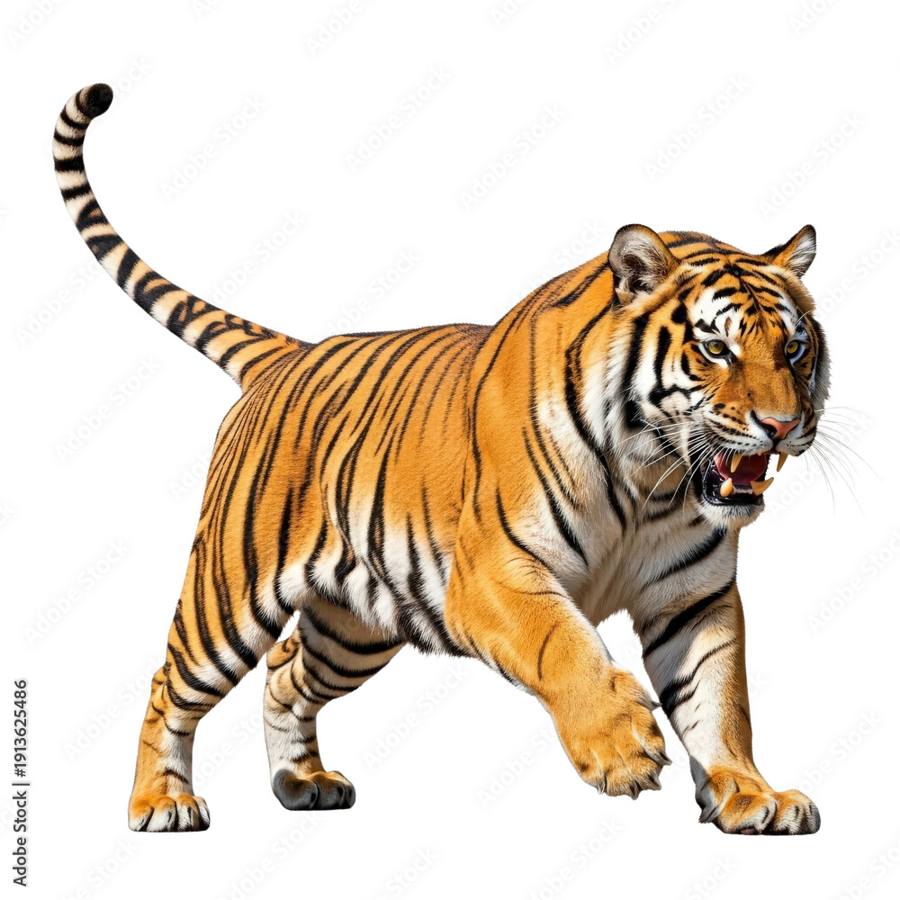 Obraz premium Majestic Tiger: A powerful tiger strides confidently, showcasing its distinctive striped pattern and intense gaze.