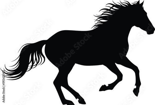 A dynamic silhouette depicting a small herd of wild horses running together across a horizontal plane. Varying poses (galloping, cantering) within the group to show energy and unity. Solid black on wh
