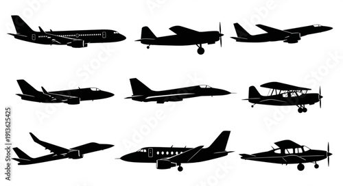 Collection of diverse aircraft silhouettes in black and white.