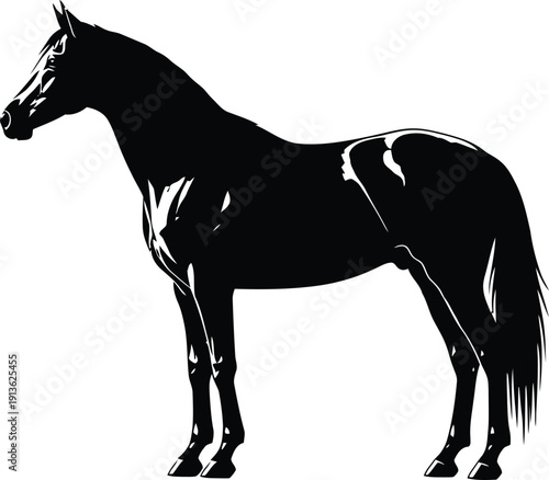 A classic, elegant silhouette of a horse standing in a graceful profile pose, head held high. Focus on clean lines and the iconic shape of the horse. Solid black on white.