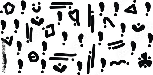 Hand Drawn Doodle Symbols and Ink Scribble Marks Set. Collection of black hand drawn doodle symbols including exclamation marks, hearts, lines and abstract shapes. Trendy sketch style vector.