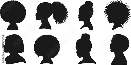"Black silhouettes of eight diverse hairstyle profiles, showcasing afros, buns, ponytails, and short cuts for design, fashion, identity concept"