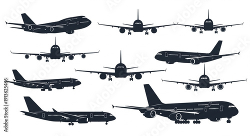 Collection of diverse airplane silhouettes in various poses and angles.