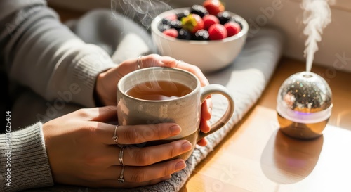 Woman enjoying hot tea with humidifier.