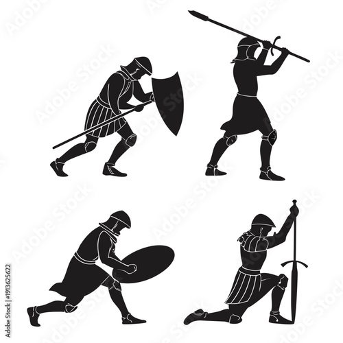 Four black and white silhouettes of men with weapons and shields