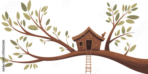 PrintWhimsical treehouse illustration, wooden house artwork, lush green foliage design, childhood adventure concept, outdoor play drawing, imaginative nature scene, isolated background