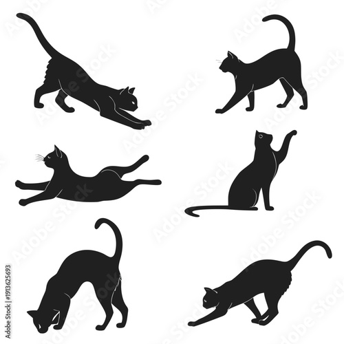 Six black cat silhouettes in different poses