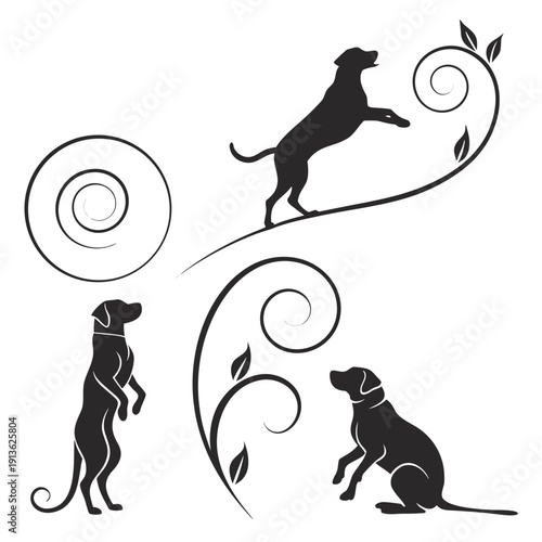 Three dog silhouettes with floral swirls