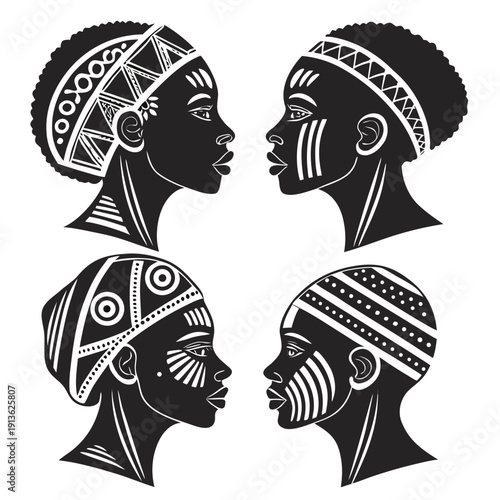 Four african women with traditional head wraps and face paint