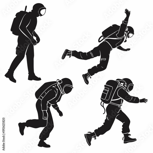 Scuba divers in various swimming positions