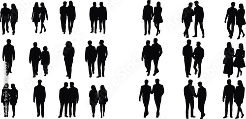 "Black silhouettes of twenty pairs of people walking together in diverse poses, anonymous human figures for design, movement, illustration concept"