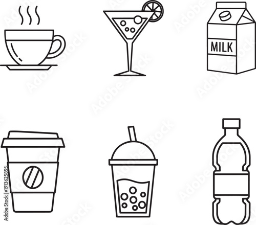 A collection of six beverage icons in simple line art style