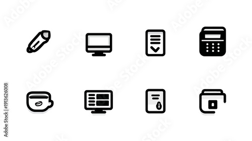 Collection of minimalist black and white vector line icons for business, office, technology, and productivity. Includes computer, pen, calculator, documents, coffee.