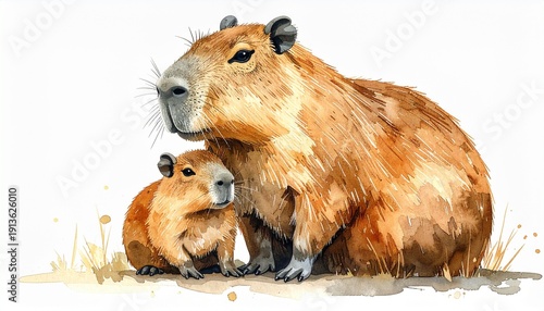 Watercolor Illustration of Capybara Mother and Baby Isolated on White Background, Family Bond and Wildlife Art
