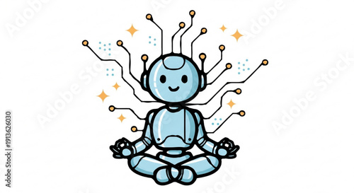 Futuristic robot meditating illustration, AI mindfulness flat vector art.