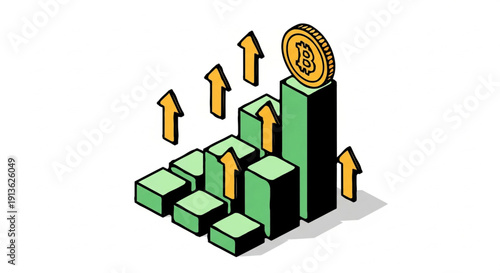 Isometric 3D vector illustration of rising financial bar chart with bitcoin.