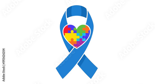 Blue awareness ribbon with a heart made of colorful puzzle pieces, symbolizing autism spectrum disorder support and understanding.