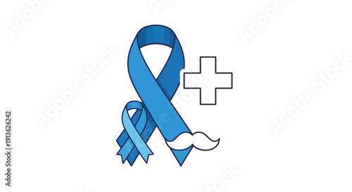 Light blue awareness ribbon with a mustache and a medical cross, symbolizing men's health and prostate cancer awareness.