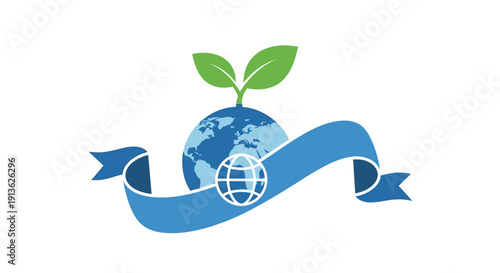 A blue globe with a green plant sprouting from its top, encircled by a blue ribbon featuring a smaller globe icon, symbolizing environmental care and sustainability.