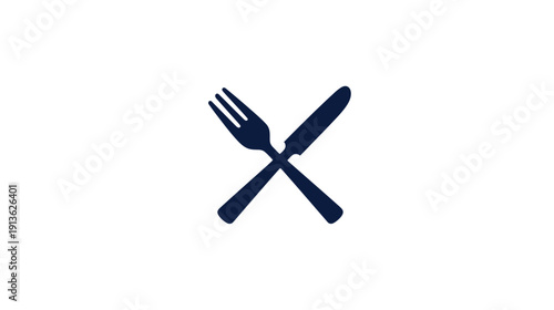 Crossed fork and knife simple icon. Minimalist restaurant dining symbol on white background for food, meal, and kitchen concepts.