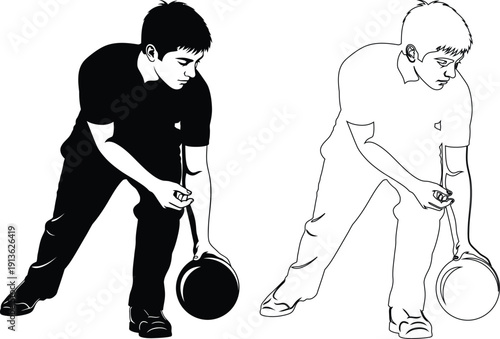 Two individuals demonstrating different techniques of bowling with a weighted ball.