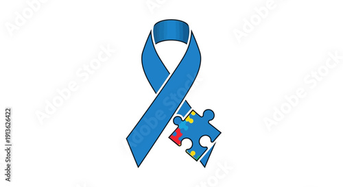 A vibrant blue awareness ribbon intertwined with a multi-colored puzzle piece, symbolizing autism awareness, support, and understanding.