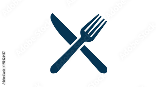Simple dark blue knife and fork crossed icon, representing dining, restaurant, food, and eating utensils graphic design element