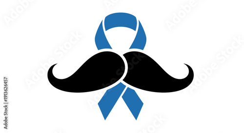 A blue awareness ribbon with a black mustache, symbolizing men's health and Movember.