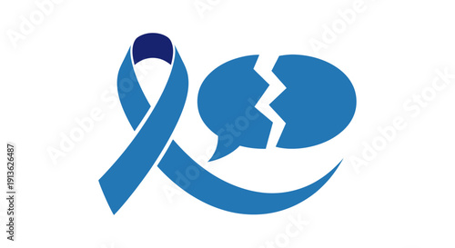 Blue awareness ribbon and broken speech bubble symbolizing communication difficulties or silence around a social issue.