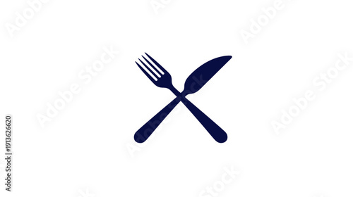 Stylized crossed fork and knife icon on a clean white background, representing dining, restaurant, food service, or menu.