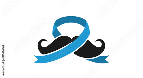 A black mustache with curled ends intertwined with a blue awareness ribbon on a white background, symbolizing men's health.