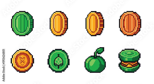 This image displays a collection of pixel-art style digital assets, featuring various game coins, an apple, and a layered green item, suitable for retro video games.
