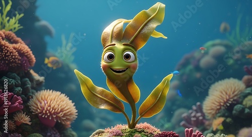 Friendly Animated Underwater Plant Character in a Coral Reef Environment