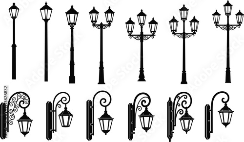 Black silhouette vintage street lamp collection featuring classic lampposts and wall mounted lanterns isolated on white background decorative urban lighting vector illustration set