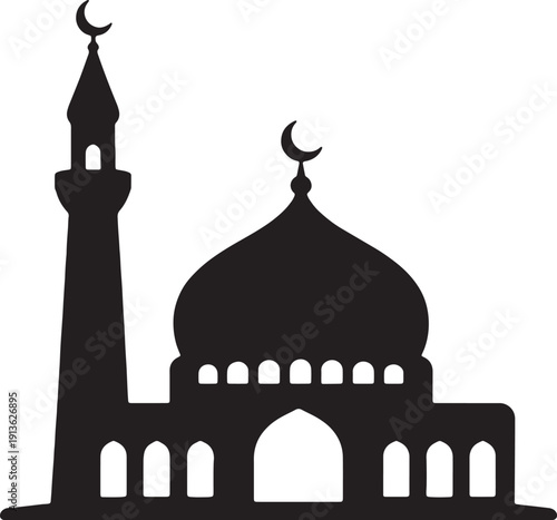Black silhouette icon of a mosque with a dome and minaret
