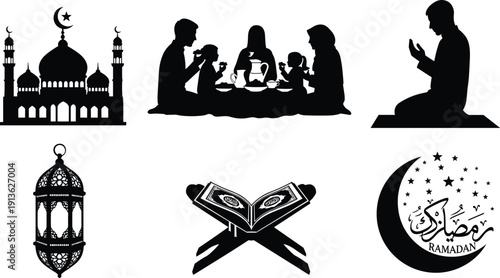 Ramadan Mubarak silhouettes, mosque, family iftar, Quran reading, prayer devotion, fasting dates, lantern, crescent moon, Islamic culture, worship, spirituality, vector